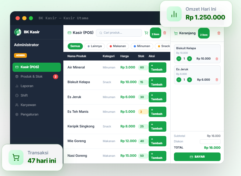 Tampilan aplikasi BK Kasir — POS desktop dengan daftar produk dan keranjang