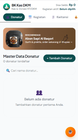 Layar beranda BK Kas DKM memperlihatkan data donatur dan menu kas RT/DKM