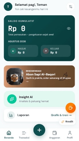 Layar beranda BK Dompet memperlihatkan total saldo bulanan