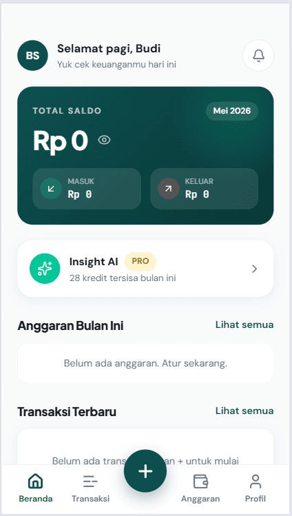 Layar beranda Catat Yuk memperlihatkan total saldo bulanan