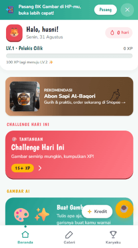 Layar beranda BK Gambar memperlihatkan XP, level, dan challenge harian