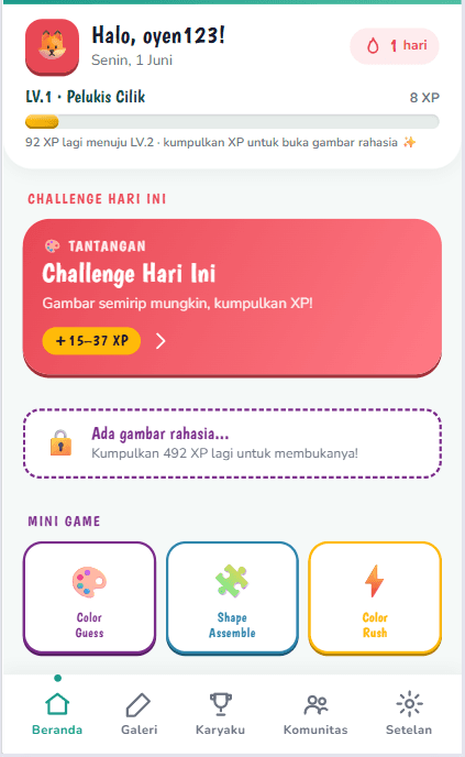 Layar beranda Gambar Yuk memperlihatkan XP, level, dan challenge harian