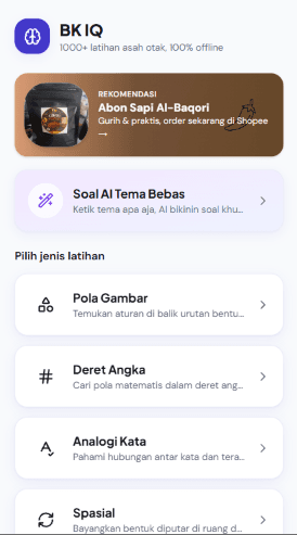 Layar beranda BK IQ memperlihatkan statistik latihan dan daftar jenis soal asah otak