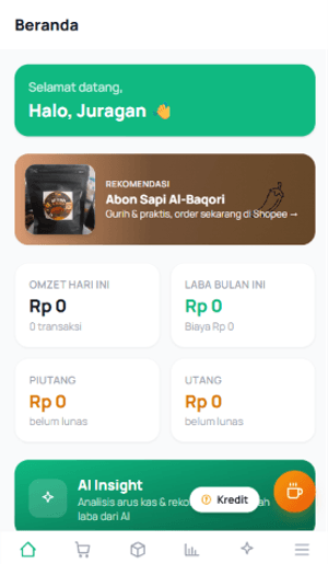 Layar beranda BK Kas UMKM memperlihatkan ringkasan laba rugi usaha