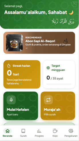 Layar beranda BK Tarteel memperlihatkan hafalan Quran dengan koreksi bacaan AI