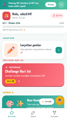 Layar beranda BK Gambar memperlihatkan XP, level, dan challenge harian